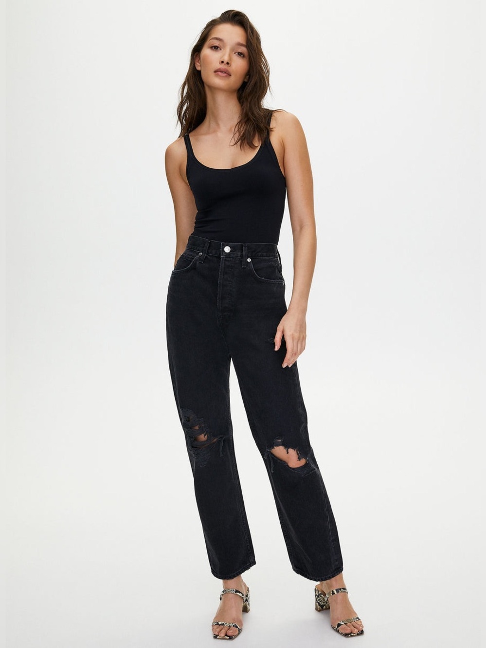 Agolde 90's Jean in Audio Loose Fit Ripped Knee Distressed Washed Black Cotton